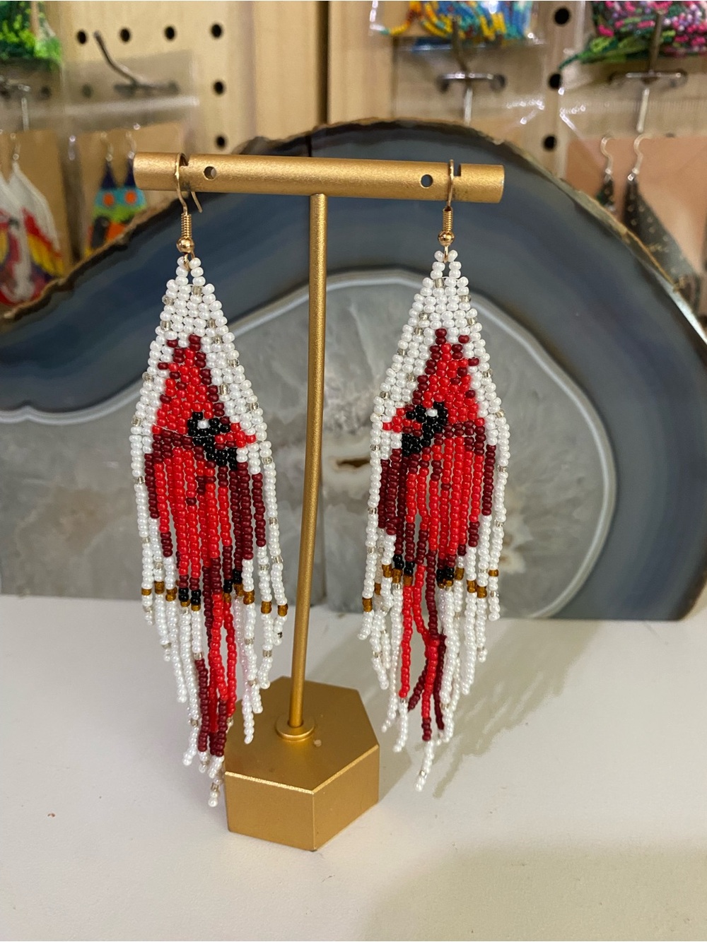 Handmade Red Cardinal Beaded Fringe Earrings - White & Gold Accent